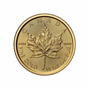 Moneda de oro Maple Leaf 2026 de 1/4 oz con una hoja de arce y las inscripciones "Canada Fine gold 1/4 oz pur 999.9".