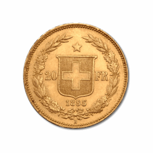 The Marengo gold coin features a shield with a central cross, flanked by laurel and oak branches. Next to the shield appear the number 20 and the letters FR, indicating the coin’s denomination.