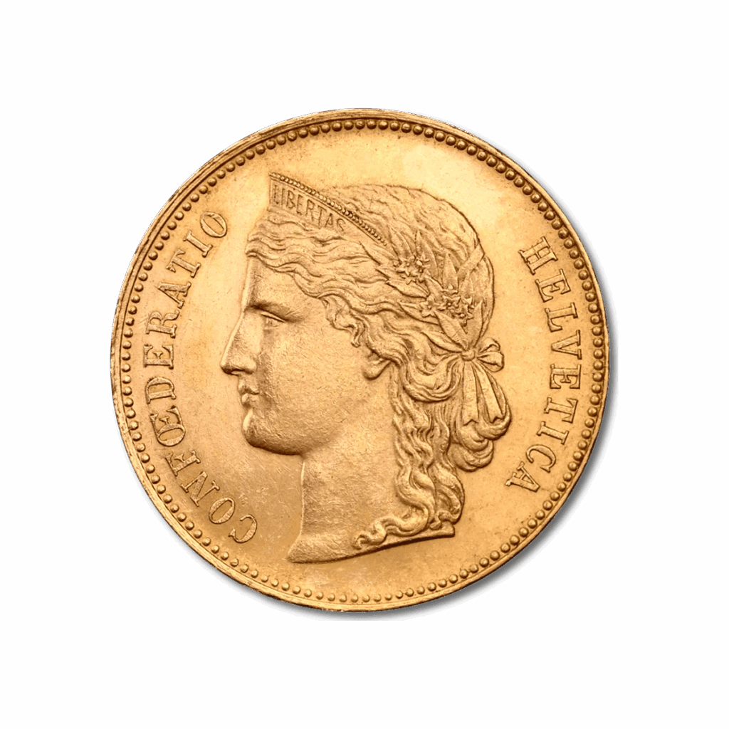 Moneta d'oro di Marengo con il profilo di una donna rivolto a destra, con la scritta CONFŒDERATIO HELVETICA intorno al bordo.