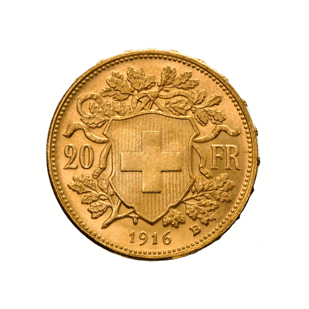 La moneta d'oro Marengo presenta uno scudo con una croce centrale, affiancata da rami di alloro e quercia. Accanto allo scudo compaiono il numero 20 e le lettere FR, che indicano la denominazione della moneta.