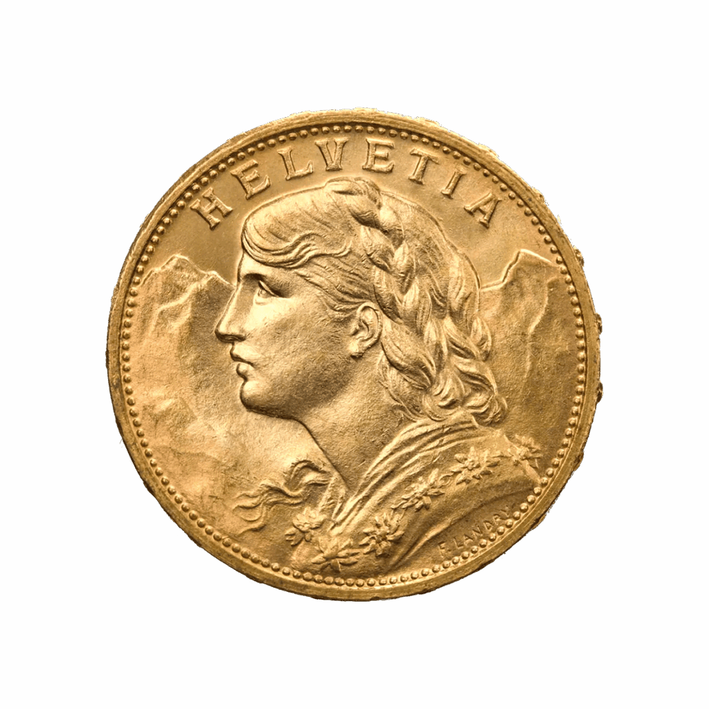 Moneta d'oro di Marengo con il profilo di una donna rivolto a destra, con la scritta HELVETIA.