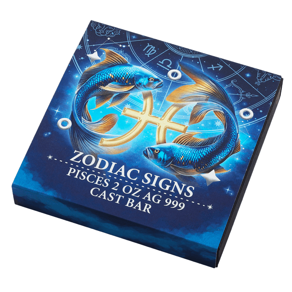 Box inclinato del lingotto d’argento 2 oz da collezione rettangolare con illustrazione del segno zodiacale Pesci con le scritte "ZODIAC SIGNS PISCES 2 OZ AG 999 CAST BAR".