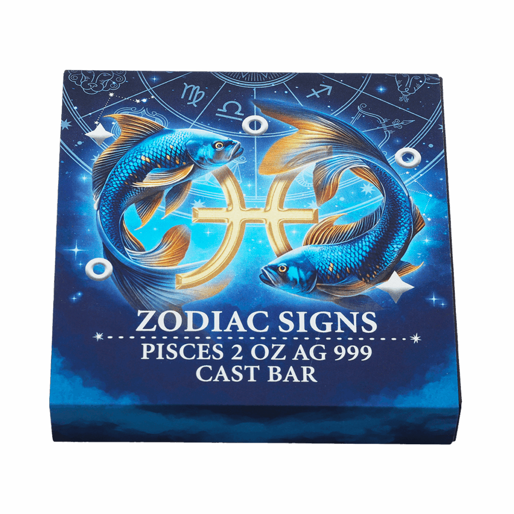 Box del lingotto d’argento 2 oz da collezione rettangolare con illustrazione del segno zodiacale Pesci con le scritte "ZODIAC SIGNS PISCES 2 OZ AG 999 CAST BAR".