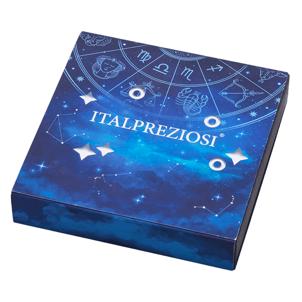 Retro del box del lingotto d’argento 2 oz da collezione rettangolare con illustrazione del segno zodiacale Pesci.