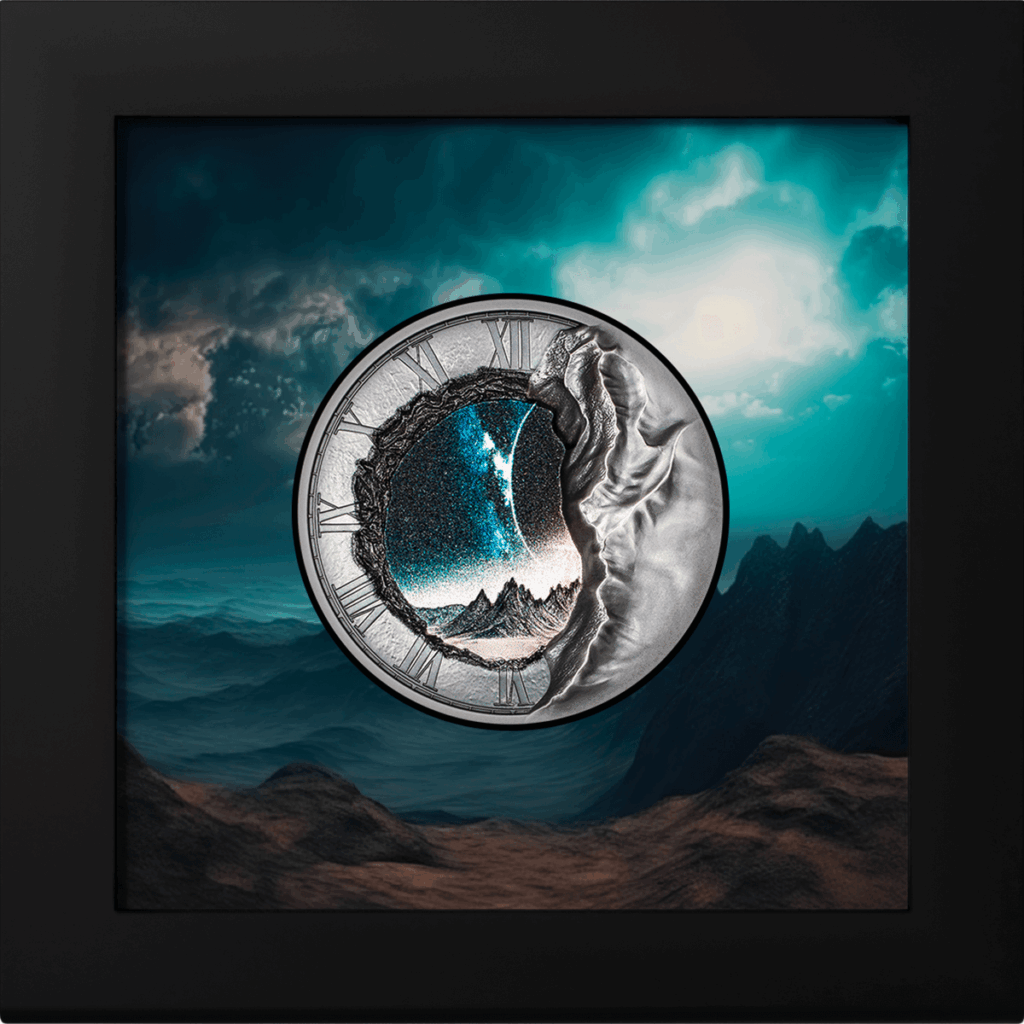 Moneta argento 2oz da collezione "Portal of time 2025" raffigurata insieme al suo box.