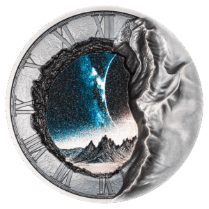 2 oz silver collectible coin depicting a time portal emerging from the desert.