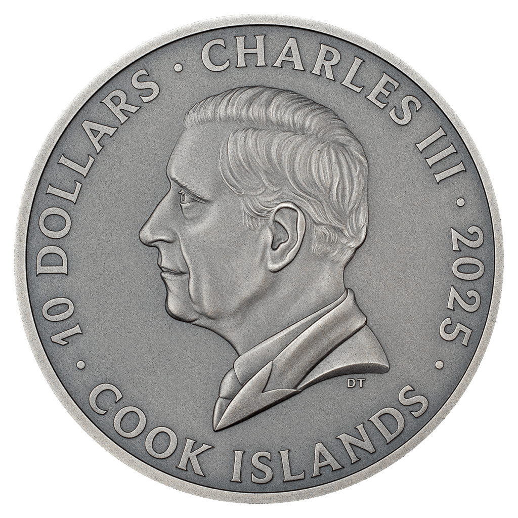 La moneta in argento da collezione 2oz “Portal of time 2025" mostra la figura di Carlo III, con la scritta "Charles III Cook Islands 10 Dollars".