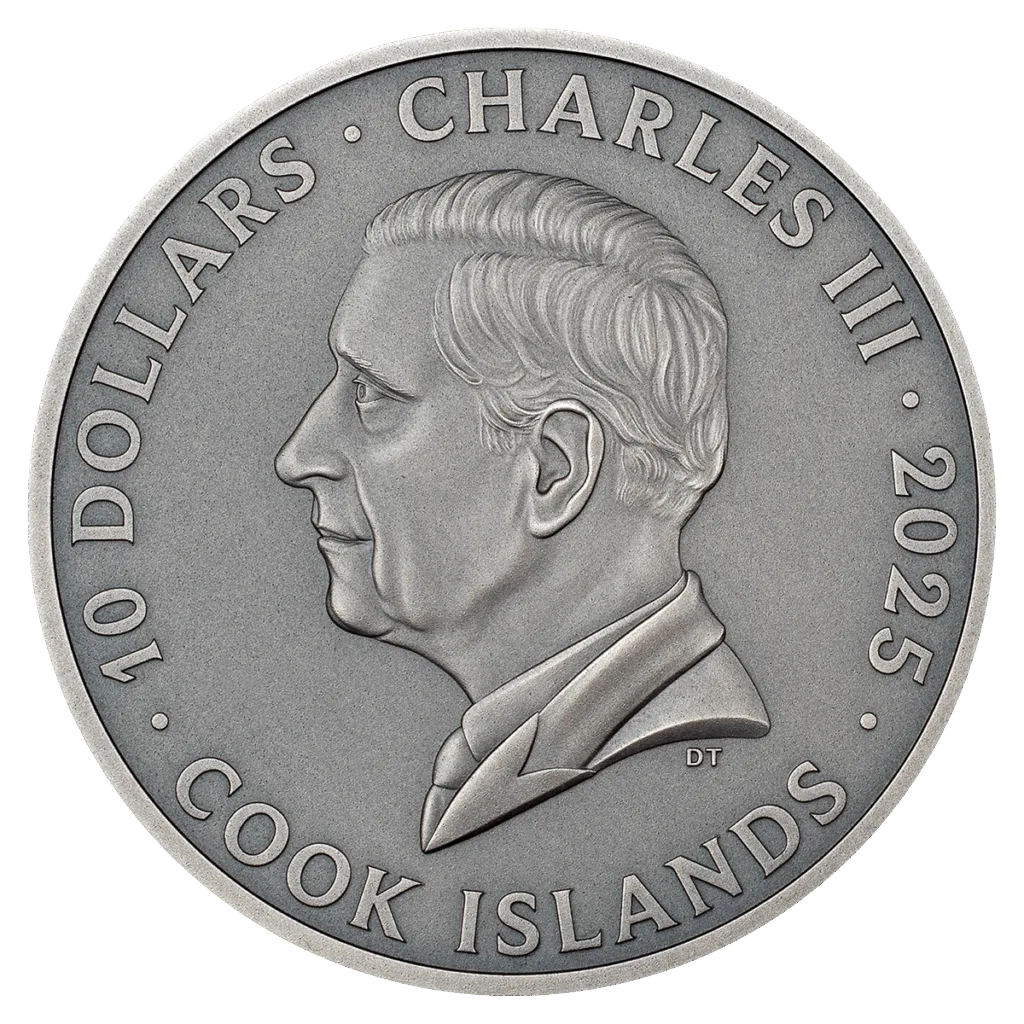 La moneta in argento da collezione 2oz “Portal of time 2025" mostra la figura di Carlo III, con la scritta "Charles III Cook Islands 10 Dollars".