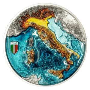2 oz silver collectible coin celebrating the Italian Peninsula, featuring ultra-high and deep relief depicting mountains, golden coasts, and the blue of the Mediterranean Sea.