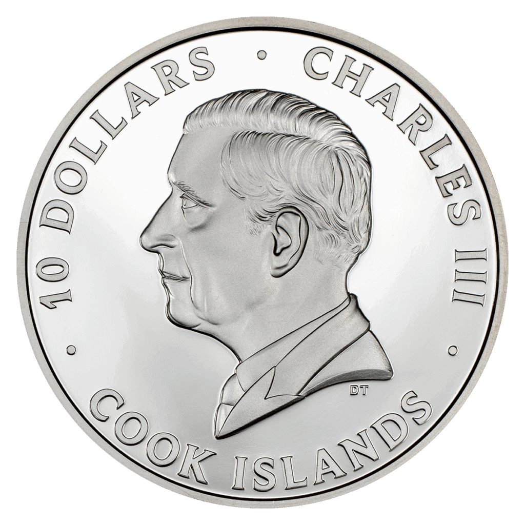 La moneta in argento da collezione 2oz “Repubblica Italiana 2025" mostra la figura di Carlo III, con la scritta "Charles III Cook Islands 10 Dollars".