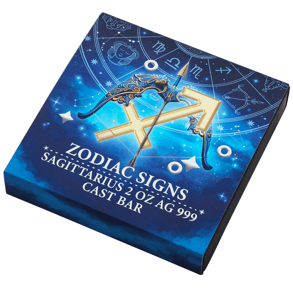 Box inclinato del lingotto d’argento 2 oz da collezione rettangolare con illustrazione del segno zodiacale Sagittario con le scritte "ZODIAC SIGNS SAGITTARIUS 2 OZ AG 999 CAST BAR".