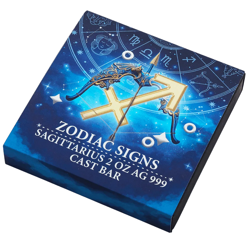 Box inclinato del lingotto d’argento 2 oz da collezione rettangolare con illustrazione del segno zodiacale Sagittario con le scritte "ZODIAC SIGNS SAGITTARIUS 2 OZ AG 999 CAST BAR".