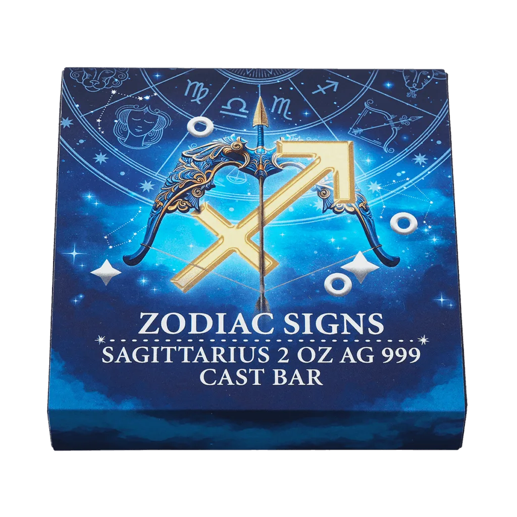 Box del lingotto d’argento 2 oz da collezione rettangolare con illustrazione del segno zodiacale Sagittario con le scritte "ZODIAC SIGNS SAGITTARIUS 2 OZ AG 999 CAST BAR".