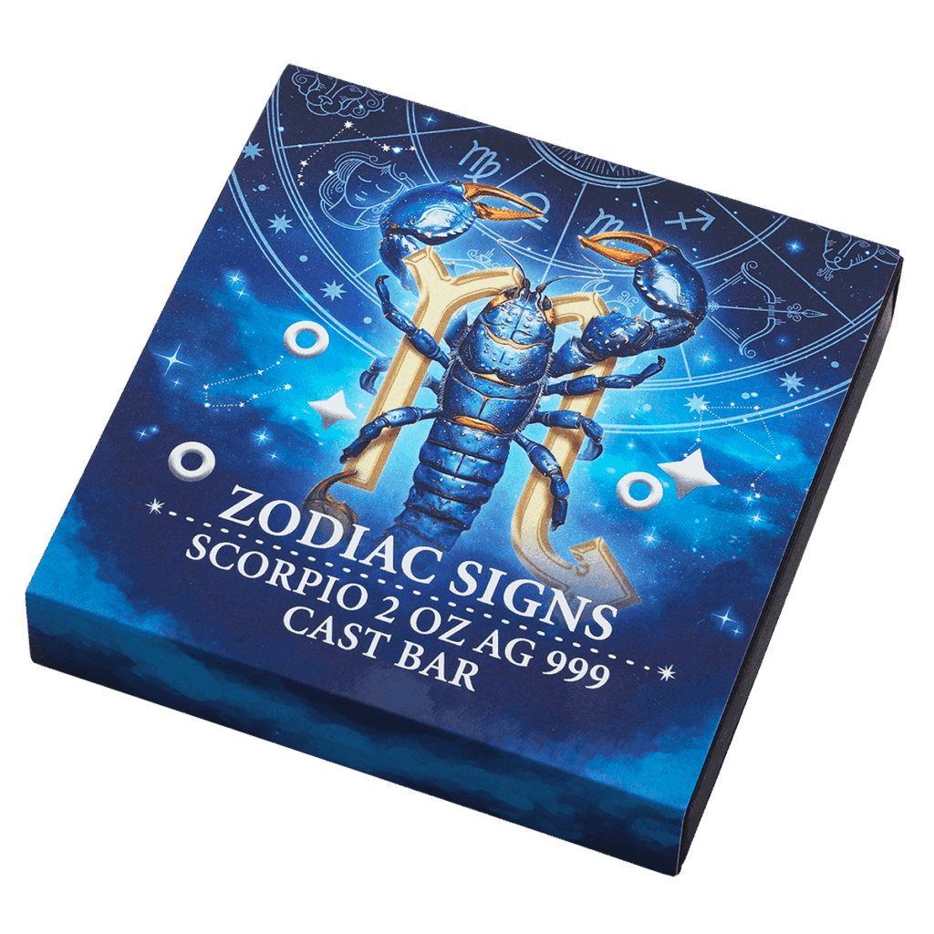 Box inclinato del lingotto d’argento 2 oz da collezione rettangolare con illustrazione del segno zodiacale Scorpione con le scritte "ZODIAC SIGNS SCORPIO 2 OZ AG 999 CAST BAR".