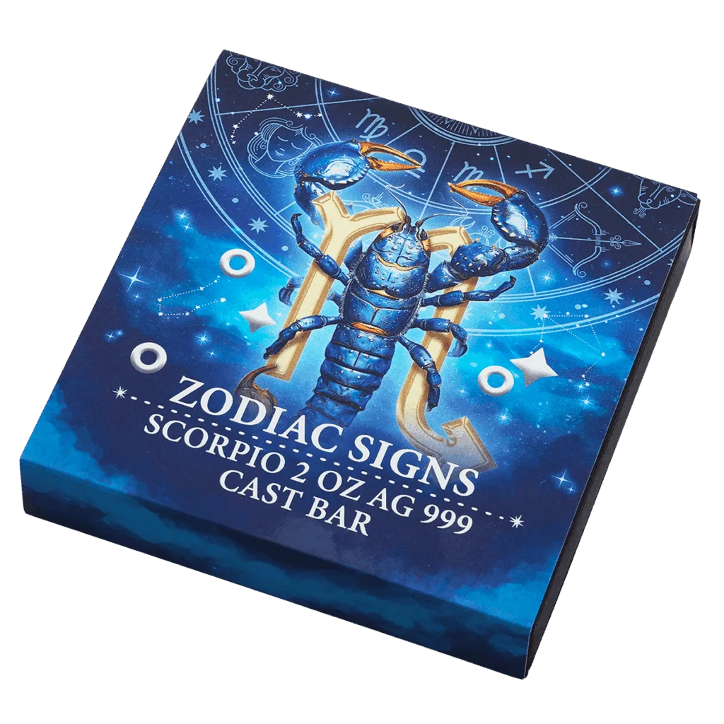 Tilted view of the presentation box for the rectangular 2 oz silver collector bar featuring the Scorpio zodiac sign, with the inscriptions "ZODIAC SIGNS SCORPIO 2 OZ AG 999 CAST BAR".<br>