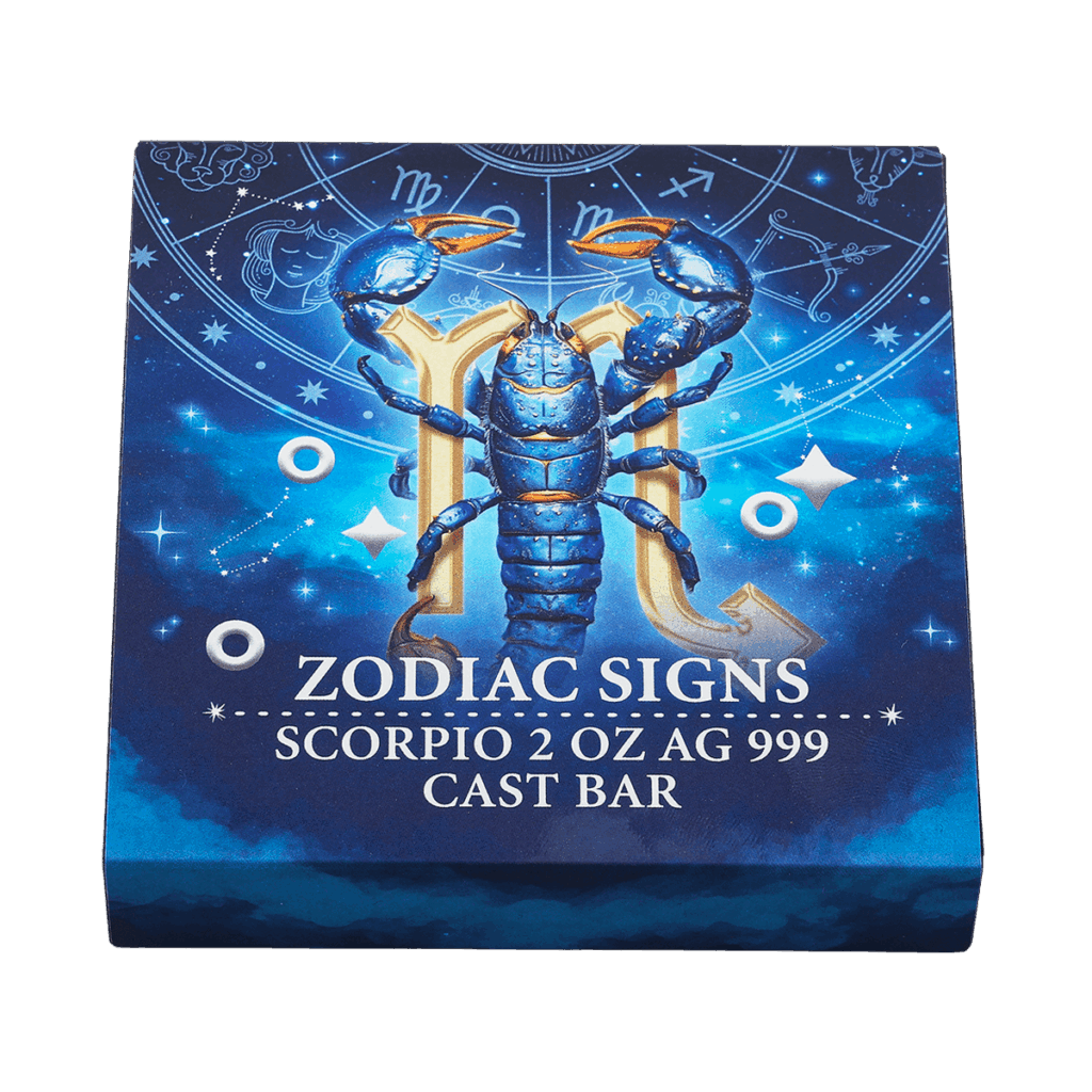 Box del lingotto d’argento 2 oz da collezione rettangolare con illustrazione del segno zodiacale Scorpione con le scritte "ZODIAC SIGNS SCORPIO 2 OZ AG 999 CAST BAR".
