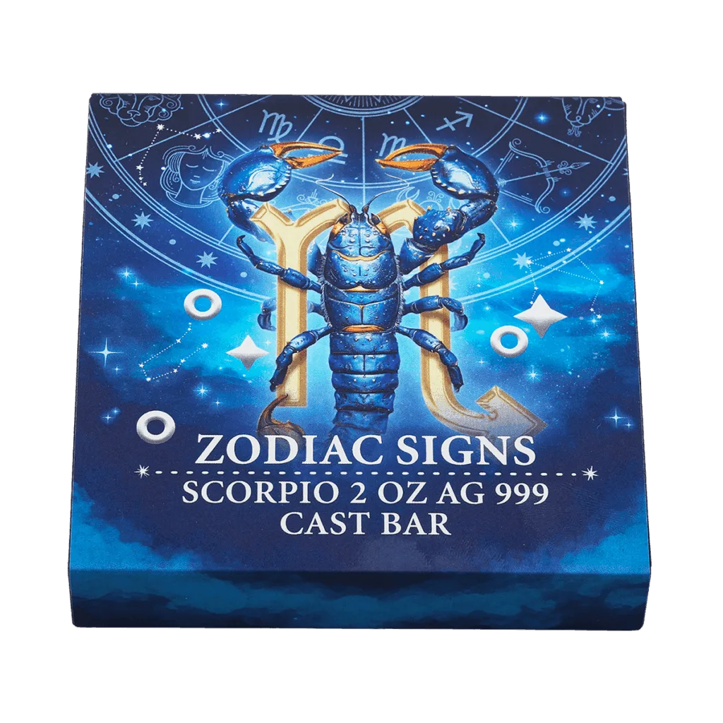 Presentation box for the rectangular 2 oz silver collector bar featuring the Scorpio zodiac sign, with the inscriptions "ZODIAC SIGNS SCORPIO 2 OZ AG 999 CAST BAR".<br>