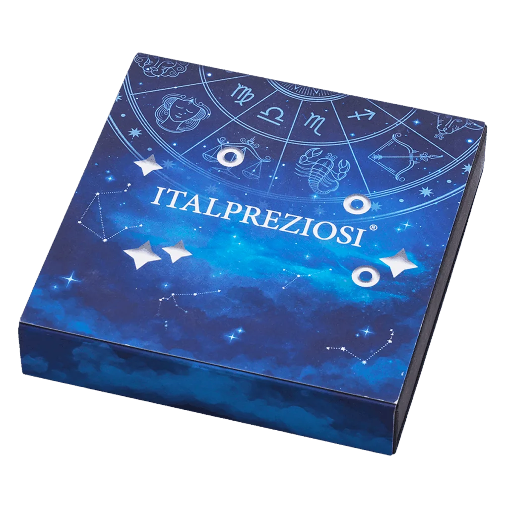 Back of the presentation box for the rectangular 2 oz silver collector bar featuring the Scorpio zodiac sign, with the inscriptions "ZODIAC SIGNS SCORPIO 2 OZ AG 999 CAST BAR".<br>