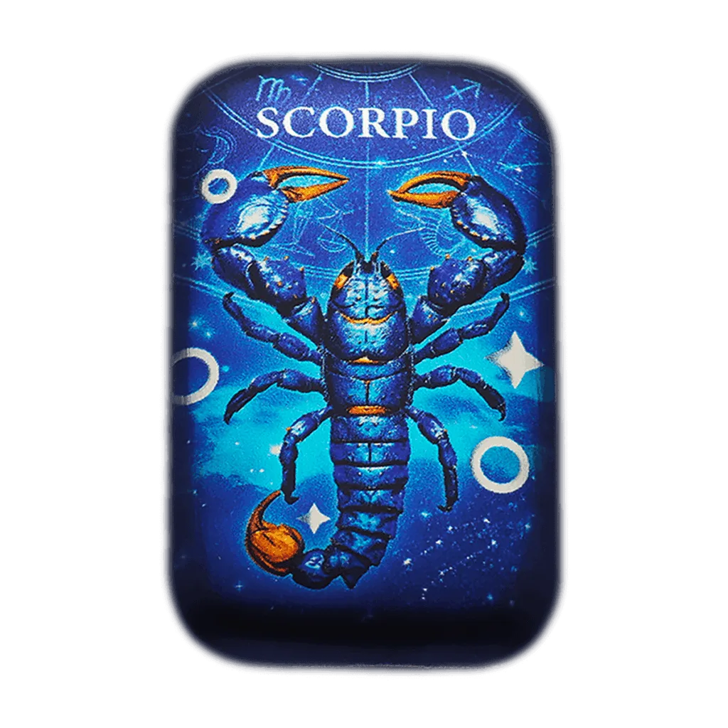 Rectangular 2 oz silver collector bar featuring the Scorpio zodiac sign: a blue scorpion with orange accents against a starry blue background, with “SCORPIO” at the top.<br>