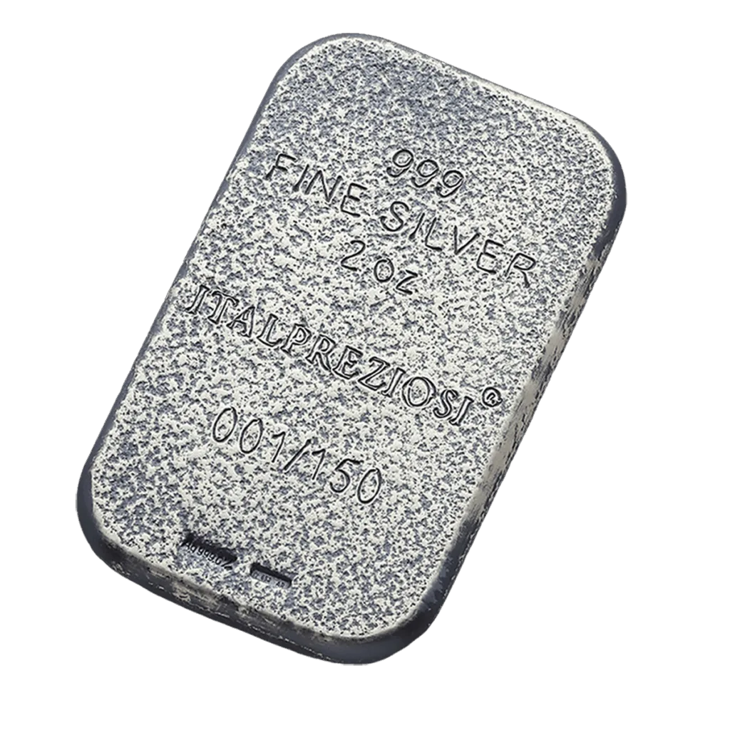 Tilted reverse of the rectangular 2 oz silver collector bar featuring the Scorpio zodiac sign, with the inscriptions "999 FINE SILVER 2 OZ ITALPREZIOSI".<br>