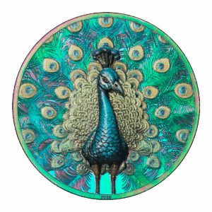 1 oz silver collectible coin depicting a peacock in relief.