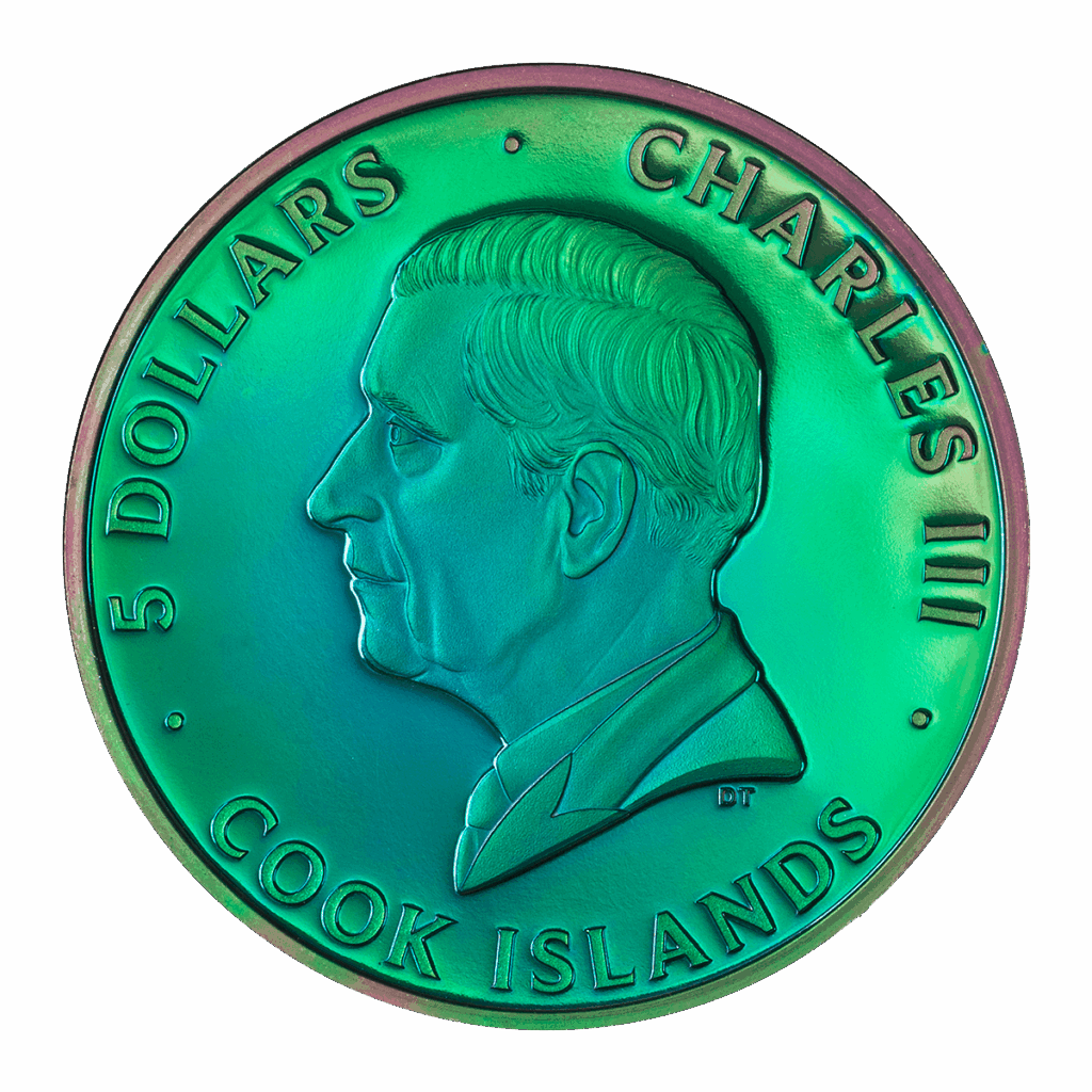 La moneta in argento da collezione 1oz “Shades of nature spectrum peacock 2025” mostra la figura di Carlo III, con la scritta "Charles III Cook Islands 5 Dollars".