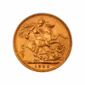 El Soberano de Oro – Rey Eduardo VII (1902–1910) es una moneda de oro de 1906 que muestra a San Jorge a caballo venciendo a un dragón, con grabados detallados y canto estriado.