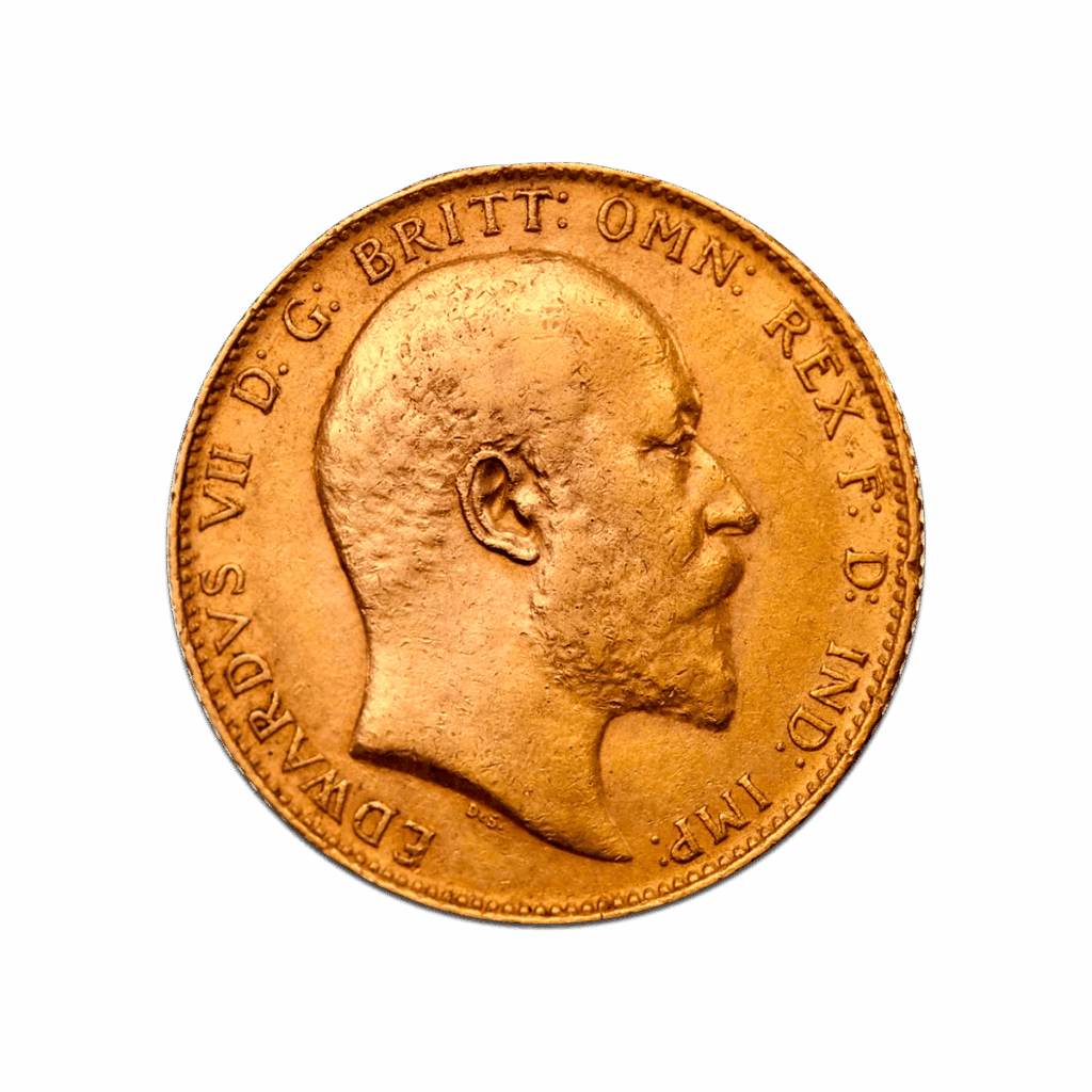 El Soberano de Oro – Rey Eduardo VII (1902–1910) es una moneda de oro con el retrato de Eduardo VII mirando a la derecha y con bigote, rodeado por la leyenda "EDWARDS VII D.G. BRITT: OMN: REX F.D. IND: IMP:".