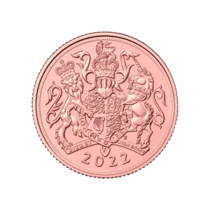 El Soberano de Oro – Reina Isabel II 2022 es una moneda de oro de 2022 que presenta un escudo central flanqueado por un león y un caballo.