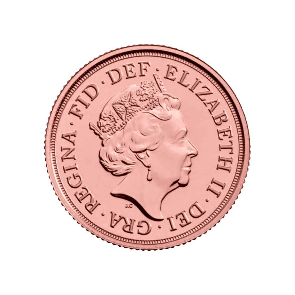 La Sterlina d'Oro - Regina Elisabetta 2022 è una moneta d'oro con il ritratto della Regina Elisabetta, rivolto a destra, circondato dall'iscrizione REGINA FID DEF ELIZABETH II DEI GRA.