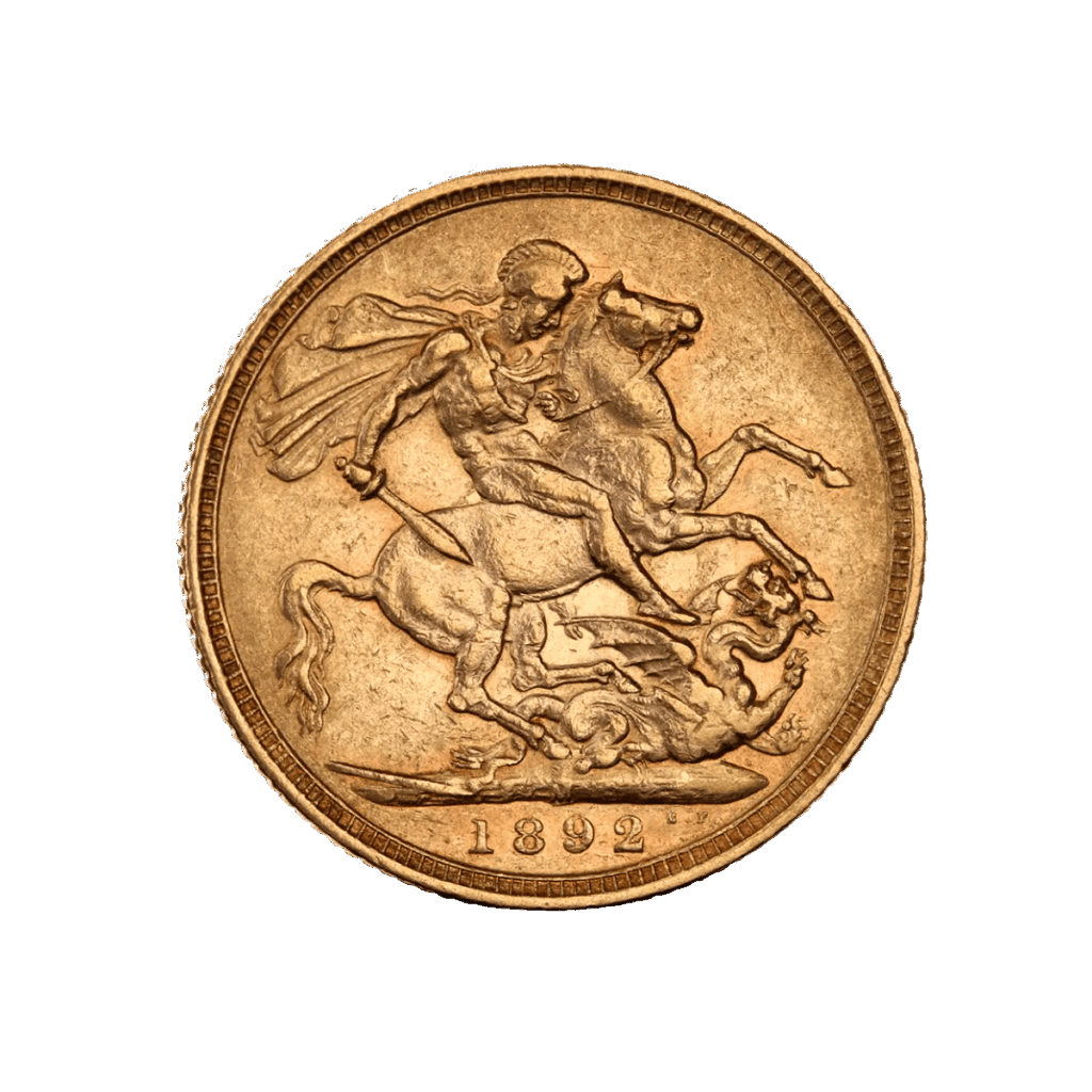 El Soberano de Oro – Reina Victoria Busto del Jubileo (1887–1893) es una moneda de oro de 1892 que muestra a San Jorge a caballo venciendo a un dragón, con grabados detallados y canto estriado.