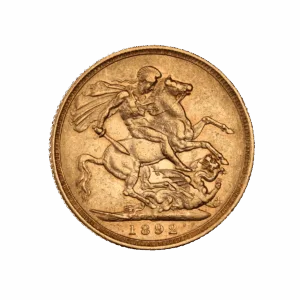 El Soberano de Oro – Reina Victoria Busto del Jubileo (1887–1893) es una moneda de oro de 1892 que muestra a San Jorge a caballo venciendo a un dragón, con grabados detallados y canto estriado.