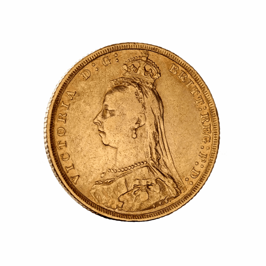 El Soberano de Oro – Reina Victoria Busto del Jubileo (1887–1893) es una moneda de oro con el retrato de la reina Victoria mirando a la izquierda, rodeada por la leyenda "VICTORIA D.G. BRITT: REG: F.D.".