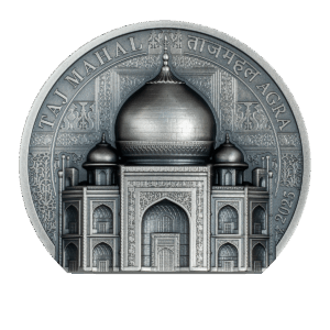 2 oz silver collectible coin celebrating the Taj Mahal, a symbol of eternal love.