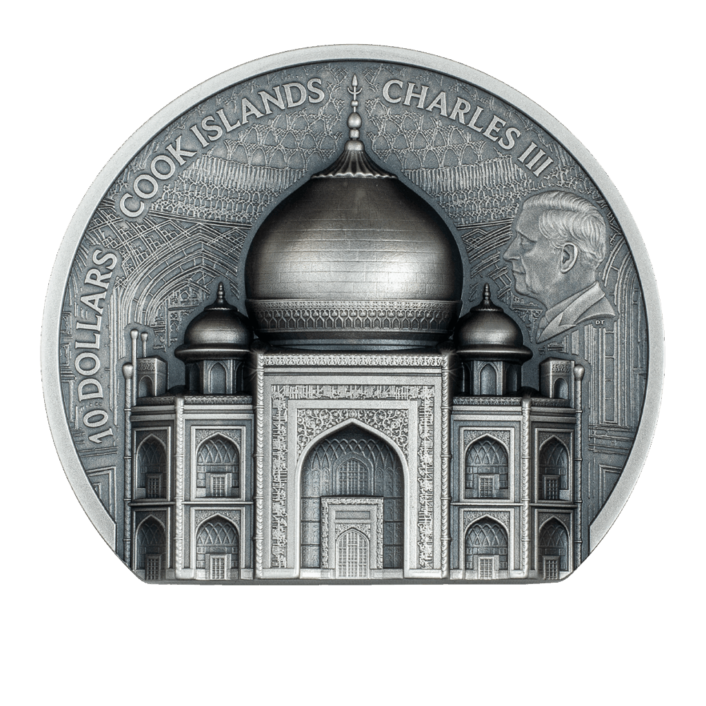La moneta da collezione in argento 2oz "Taj Mahal 2025" raffigura il Taj Mahal con le scritte "10 Dollars Cook Islands Charles III" e la figura di Carlo III di lato