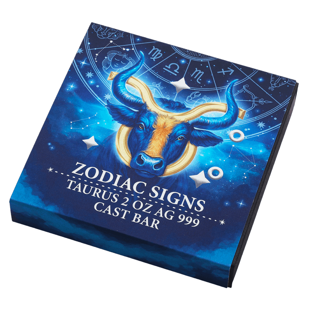 Box inclinato del lingotto d’argento 2 oz da collezione rettangolare con illustrazione del segno zodiacale Toro con le scritte "ZODIAC SIGNS TAURUS 2 OZ AG 999 CAST BAR".