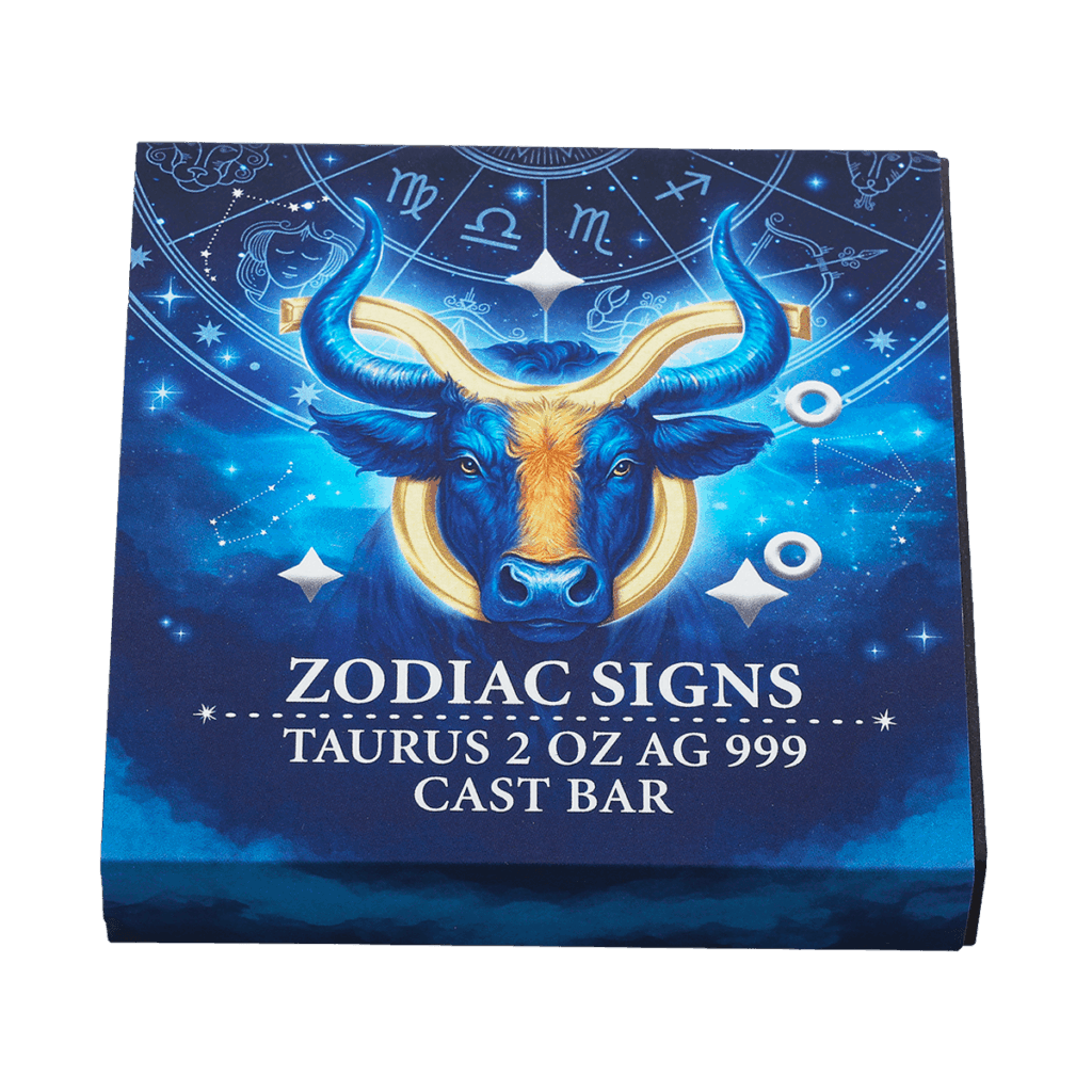 Box del lingotto d’argento 2 oz da collezione rettangolare con illustrazione del segno zodiacale Toro con le scritte "ZODIAC SIGNS TAURUS 2 OZ AG 999 CAST BAR".