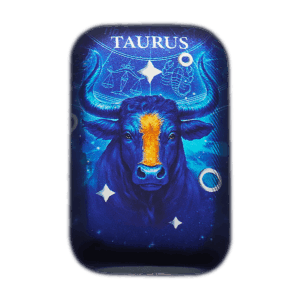 Lingote de colección rectangular de plata de 2 oz con el signo del zodíaco Tauro: cabeza de toro azul de frente con hocico naranja sobre un fondo azul estrellado, con “TAURUS” en la parte superior.