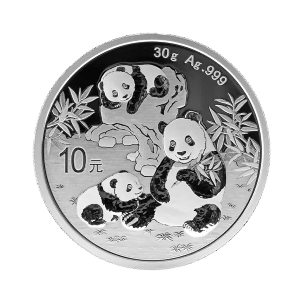 Moneta d’argento da investimento Panda cinese 30 g (2026), fronte con tre panda tra rami di bambù; valore “10 yuan” a sinistra e scritta “30 g Ag .999” in alto.