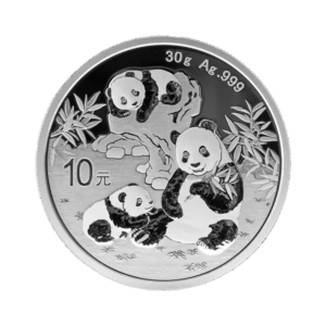 Chinese Panda 30 g silver investment coin (2026), obverse featuring three pandas among bamboo; denomination “10 yuan” on the left and inscription “30 g Ag .999” at the top.