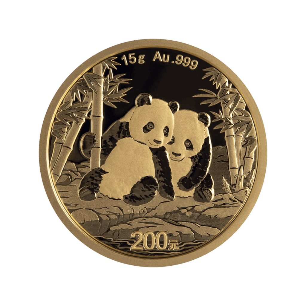 Moneda de inversión de oro Panda chino de 15 g (2026), anverso con dos pandas entre bambú; valor “200 yuan” a la izquierda e inscripción “15 g Au .999” en la parte superior.<br>