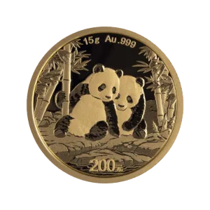 Moneta d'oro da investimento Panda cinese 15 g (2026), fronte con due panda tra rami di bambù; valore “200 yuan” a sinistra e scritta “15 g Au .999” in alto.
