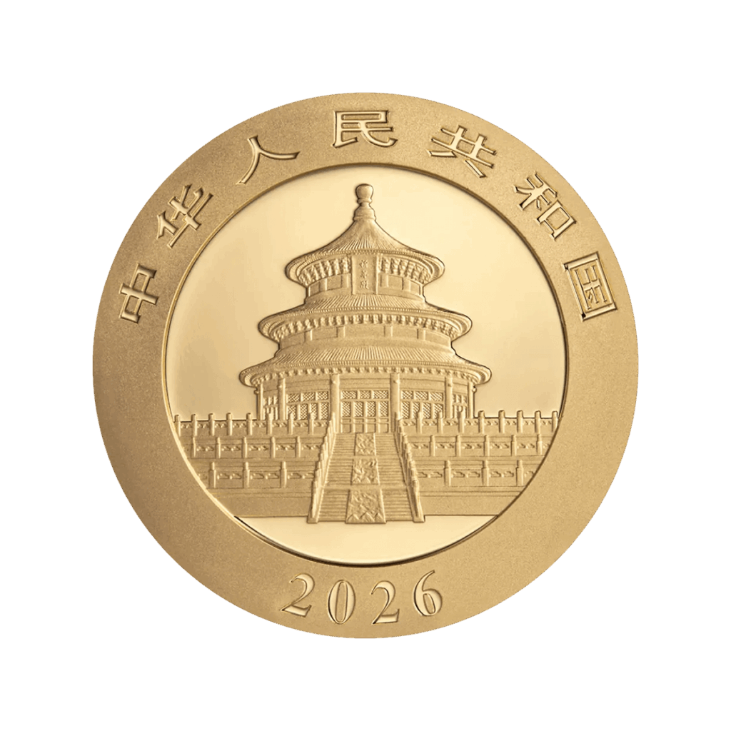Moneda de inversión de oro Panda chino (15 g), reverso con el Templo del Cielo en el centro, inscripciones en caracteres chinos alrededor del borde y fecha “2026” en la parte inferior.