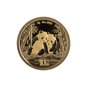 Chinese Panda 1 g gold investment coin (2026), obverse featuring two pandas among bamboo; denomination “10 yuan” on the left and inscription “1 g Au .999” at the top.