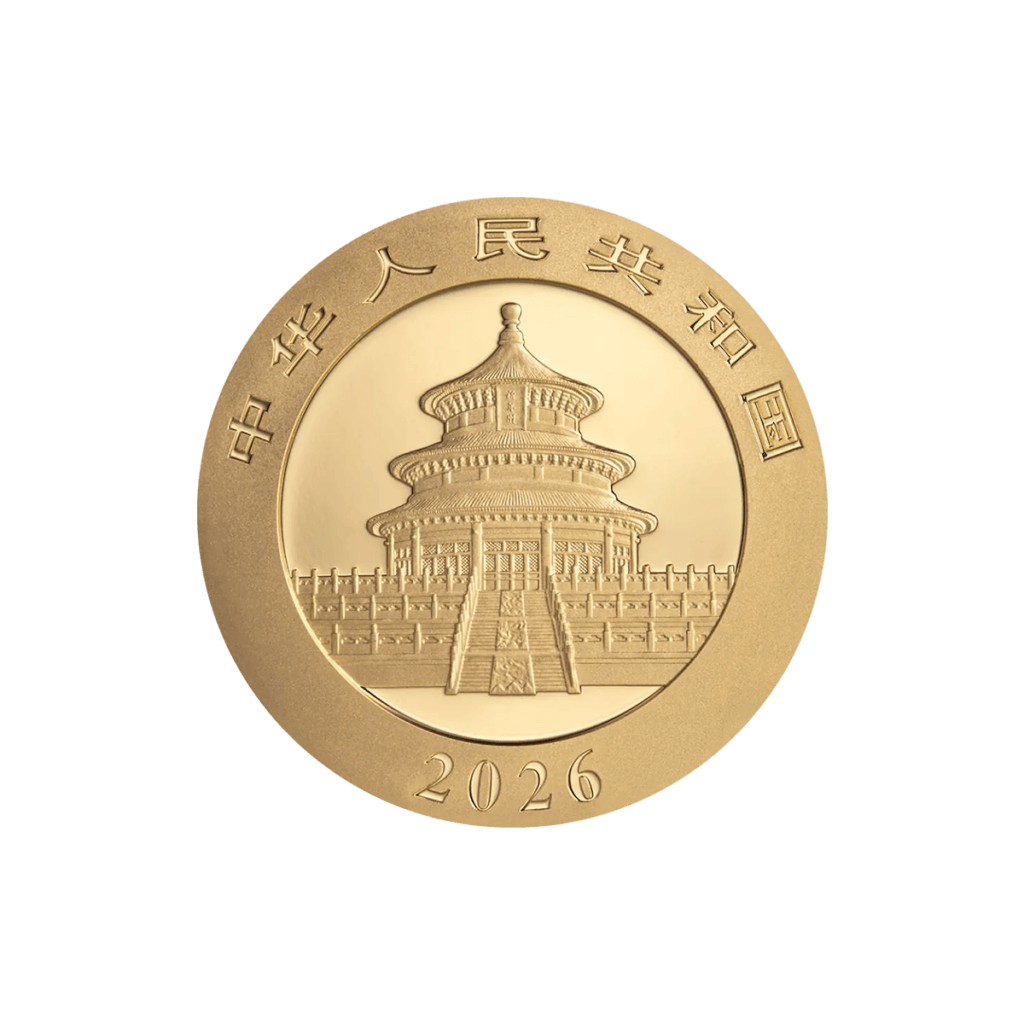 Moneta d'oro da investimento Panda cinese (1 g), rovescio con il Tempio del Cielo al centro, iscrizioni in caratteri cinesi lungo il bordo e data “2026” in basso.