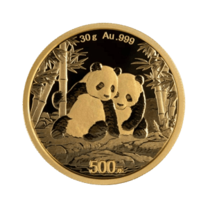 Chinese Panda 30 g gold investment coin (2026), obverse featuring two pandas among bamboo; denomination “500 yuan” on the left and inscription “30 g Au .999” at the top.<br>