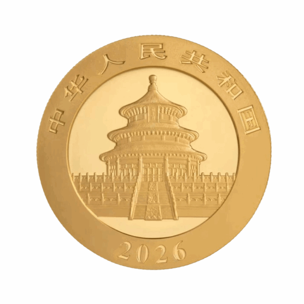 Moneda de inversión de oro Panda chino (30 g), reverso con el Templo del Cielo en el centro, inscripciones en caracteres chinos alrededor del borde y fecha “2026” en la parte inferior.