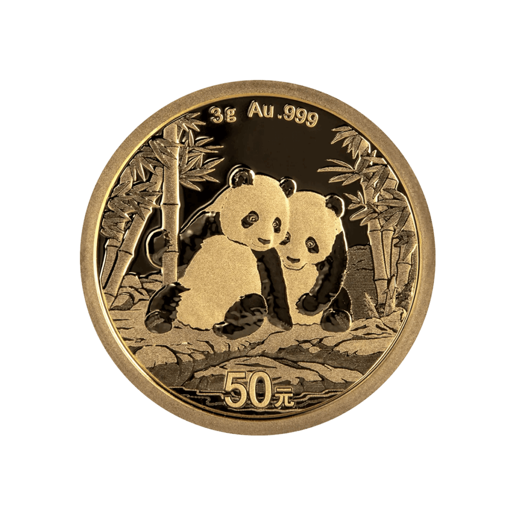 Moneda de inversión de oro Panda chino de 3 g (2026), anverso con dos pandas entre bambú; valor “50 yuan” a la izquierda e inscripción “3 g Au .999” en la parte superior.