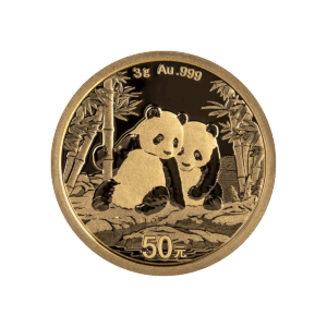 Chinese Panda 3 g gold investment coin (2026), obverse featuring two pandas among bamboo; denomination “50 yuan” on the left and inscription “3 g Au .999” at the top.