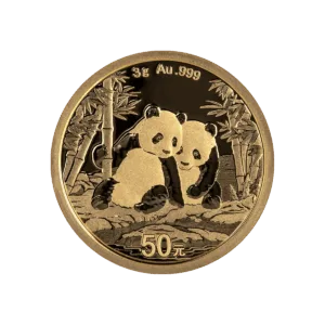 Moneda de inversión de oro Panda chino de 3 g (2026), anverso con dos pandas entre bambú; valor “50 yuan” a la izquierda e inscripción “3 g Au .999” en la parte superior.
